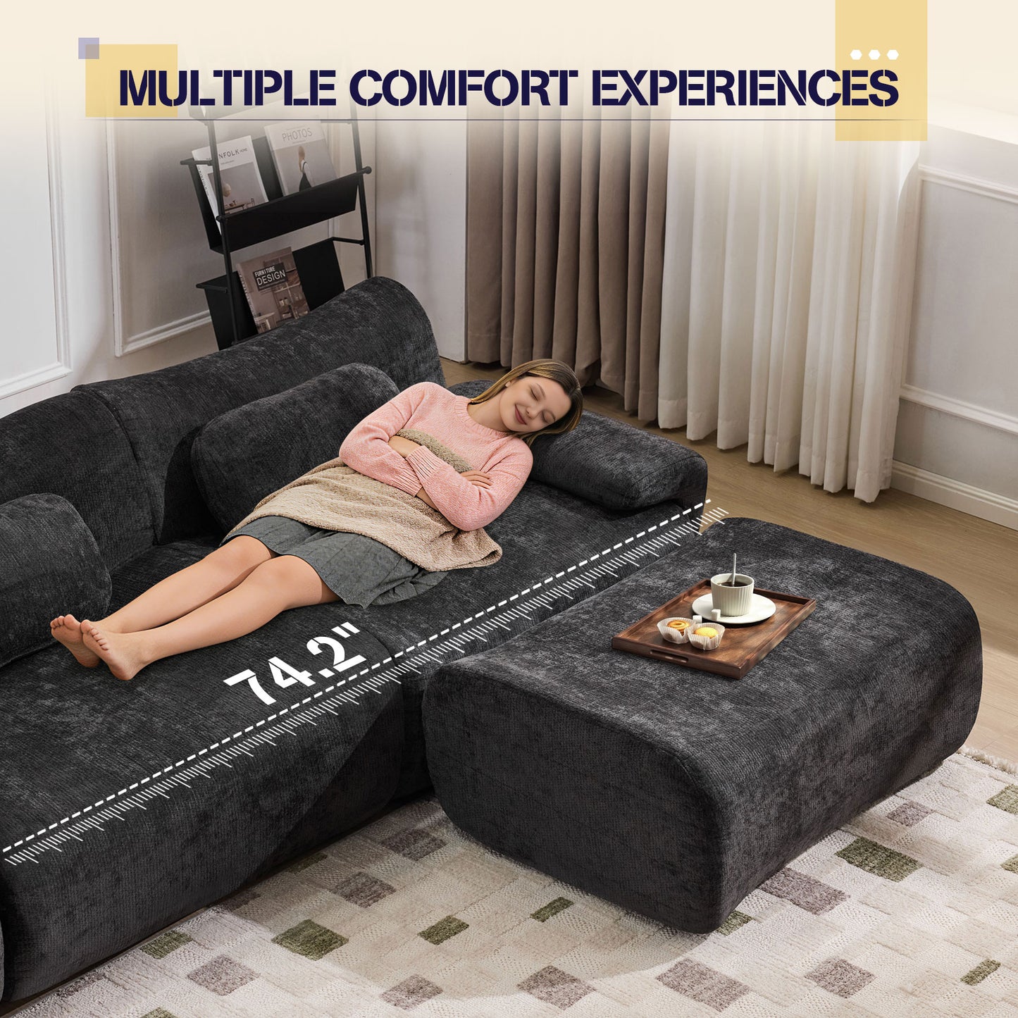 Muumblus Modular Sectional Sofa with Movable Ottoman, Oversized L-Shaped Cloud Sofa with Chaise, Boneless Deep Seat Living Room Couch, Black Chenille