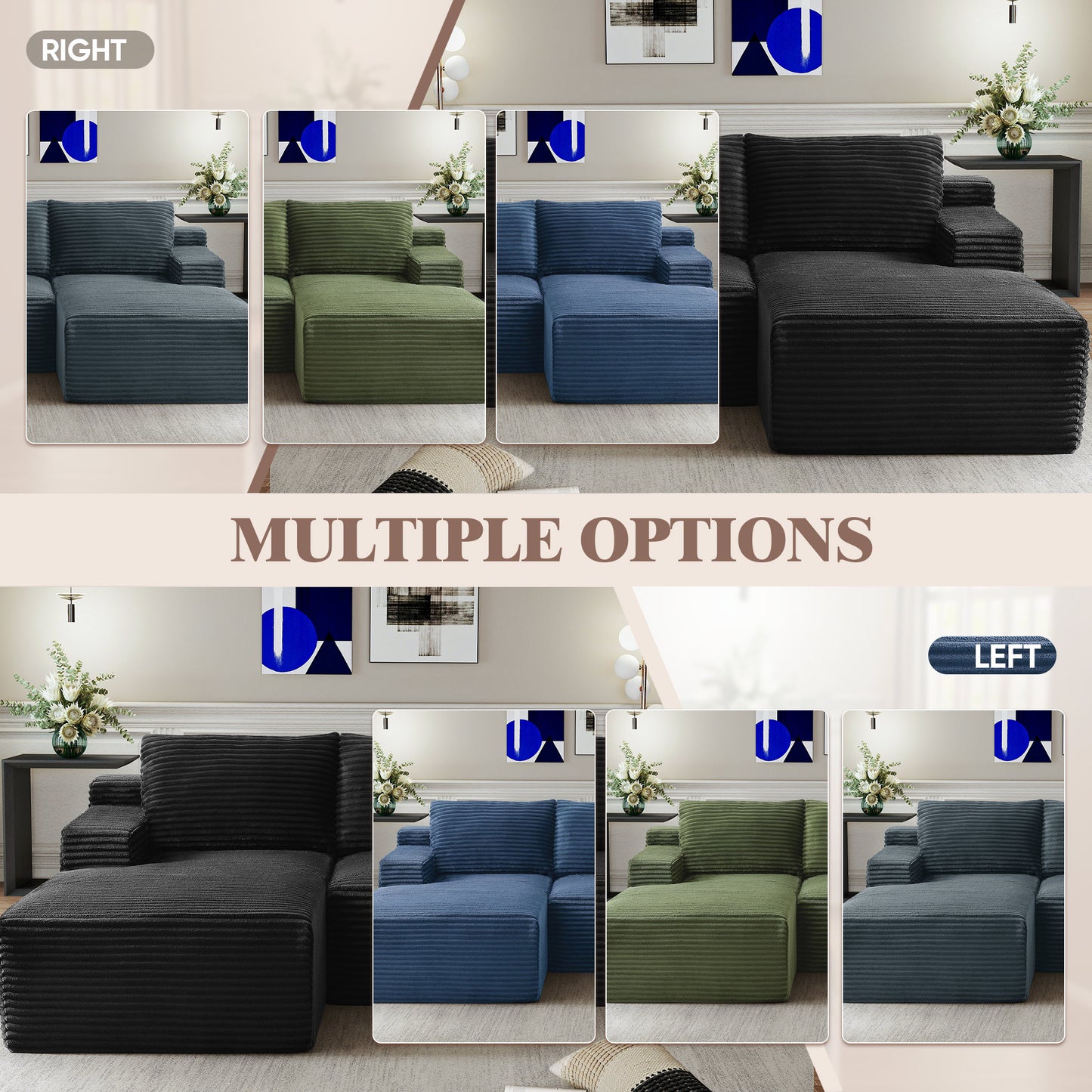 Muumblus L-Shaped Modular Sectional Sofa with Chaise, Boneless Deep Seat Cloud Couch, No Assembly Corduroy Sleeper Sofa for Living Room, Black（Right Facing Chaise）
