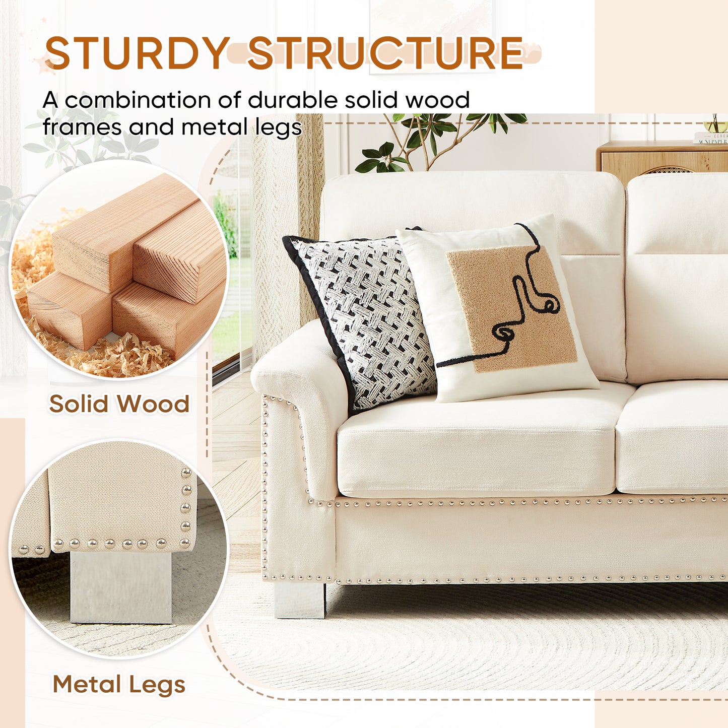 Muumblus 84" 3-Seater Sofa, Modern Deep Seat Nailhead Trim Couch with Curved Arms and Metal Legs for Living Room, Beige