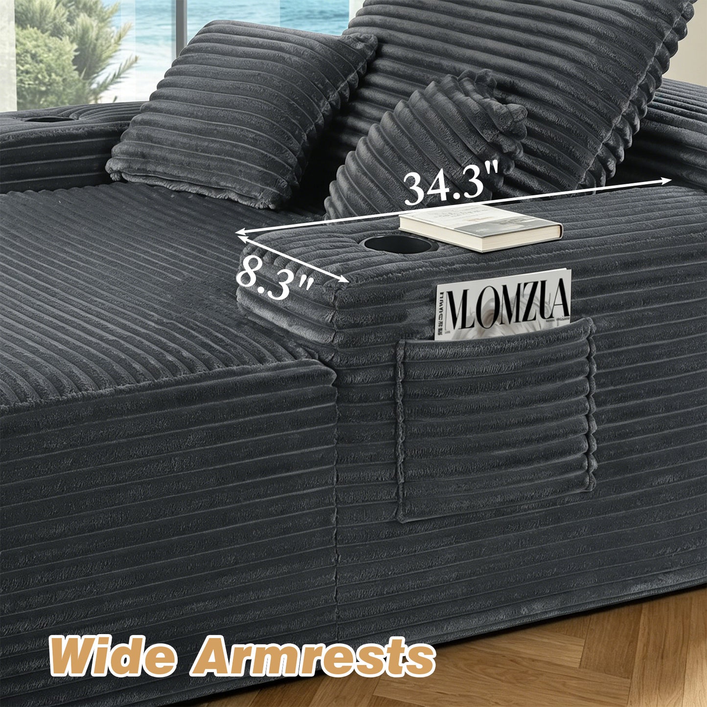 Muumblus Oversized Chaise Lounge Indoor, Upholstered Lounge Chair with Cup Holders, No Assembly Cloud Sleeper Sofa Bed, Gray Corduroy