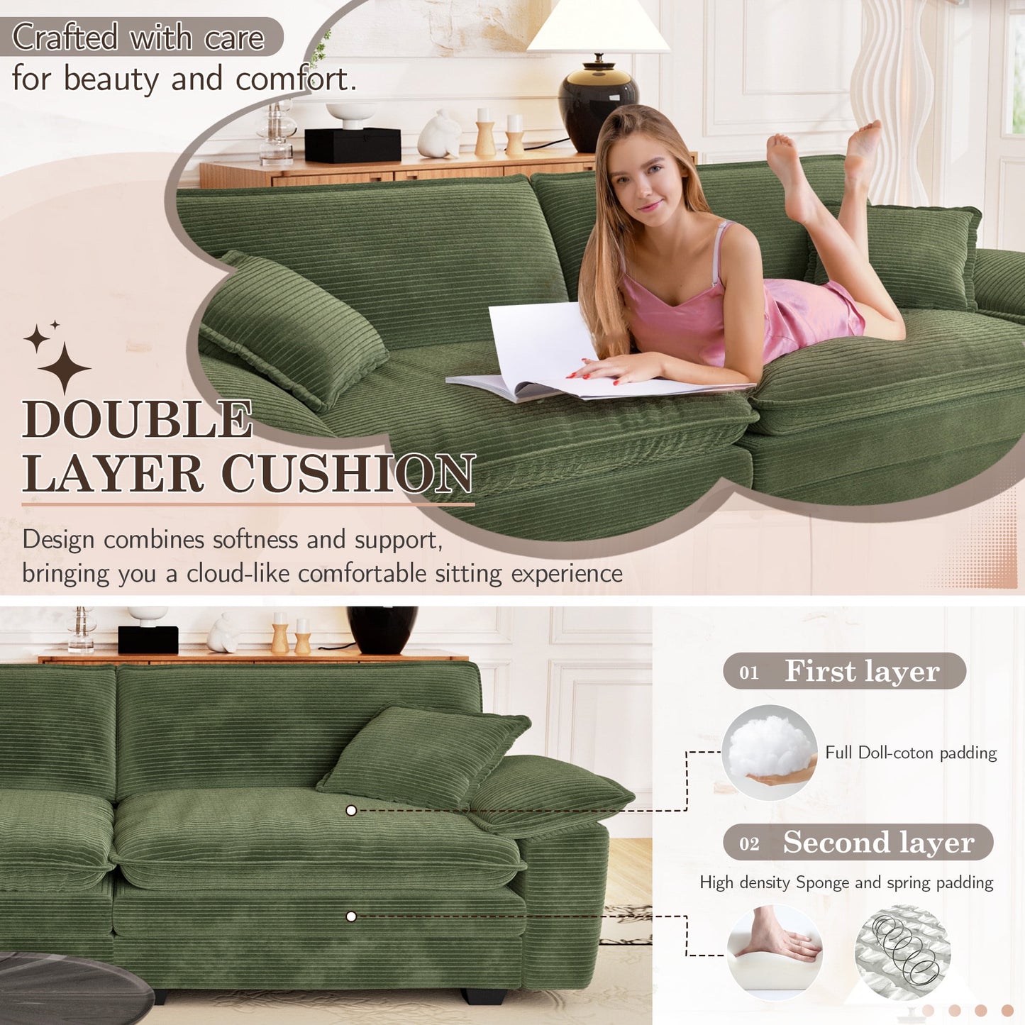 Muumblus Corduroy Loveseat Sofa, Upholstered 2-Seater Sleeper Couch for Living Room/Apt, Green