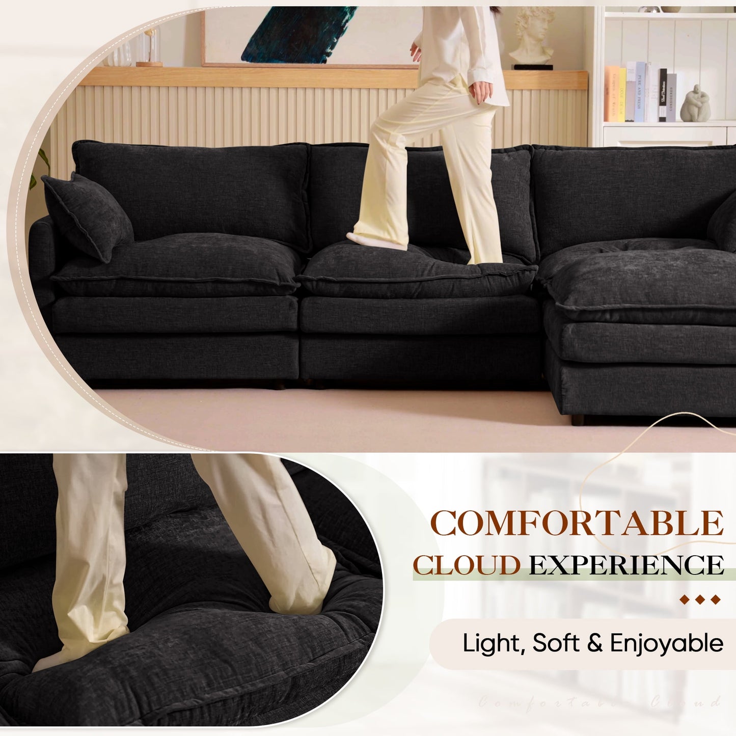 Muumblus Sectional Sofa Cloud Couch with Reversible Ottoman, L-Shaped Chenille Sofa for Living Rooms, Beige