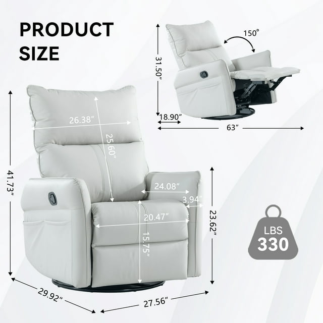 Muumblus Leather Swivel Glider Recliner Chair for Baby Nursery, Modern Upholstered Glider Rocker for Living Room, Bedroom, Light Gray