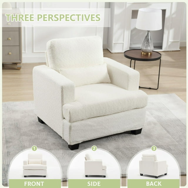 Muumblus Modern Single Sofa Chair, 37" Small Couch with 1 Waist Pillow, Removable Back Cushion, Living Room Set, White Fabric
