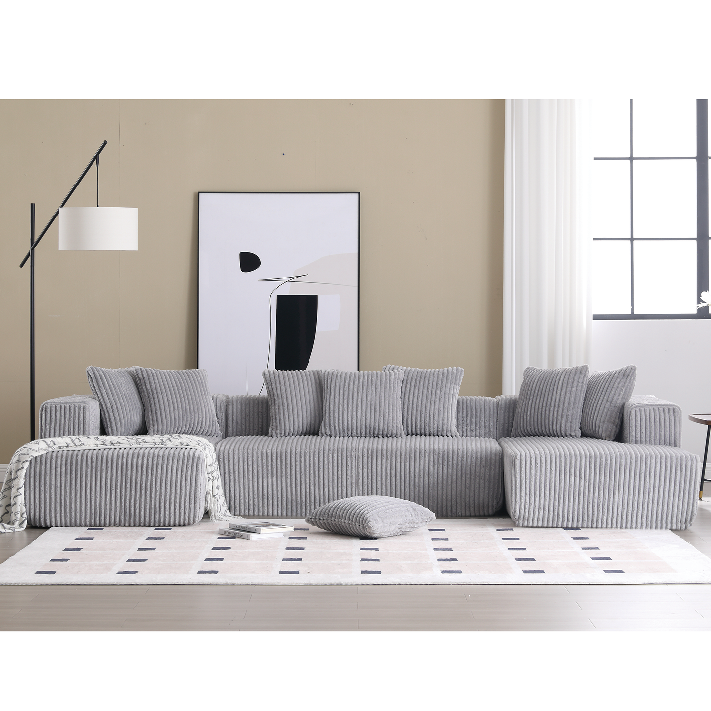 Muumblus 130.3" Oversized Modular Sectional Sofa, Corduroy U-Shaped Coch, Living Room Furniture Set, No Assembly Required, Gray