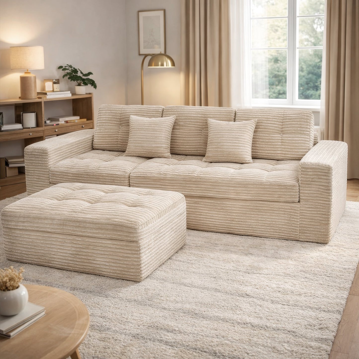 Muumblus 105" Oversized Modular Sectional Sofa with Movable Ottoman, L-Shaped Boneless Cloud Couch, Modern Sleeper Sofa for Living Room, White Corduroy