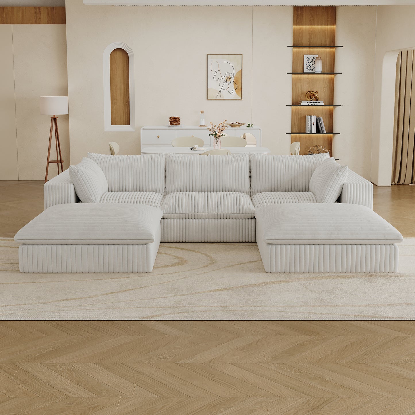 Muumblus Modular Sectional Sofa with Movable Ottoman, L-Shaped Deep Seat Corduroy Cloud Couch, No Assembly Boneless Couches for Living Room, White