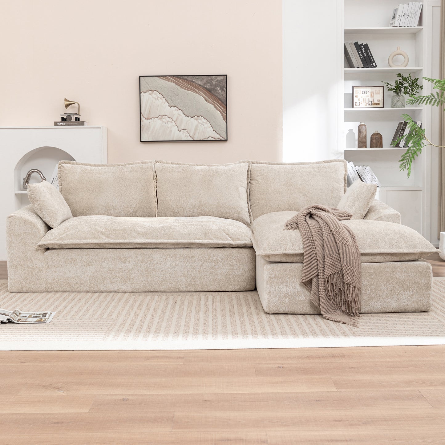 Muumblus 103" Boneless Sectional Sofa with Left Chaise, Comfy L-Shaped Modular Couch for Living Room, No Assembly Required, Black Chenille