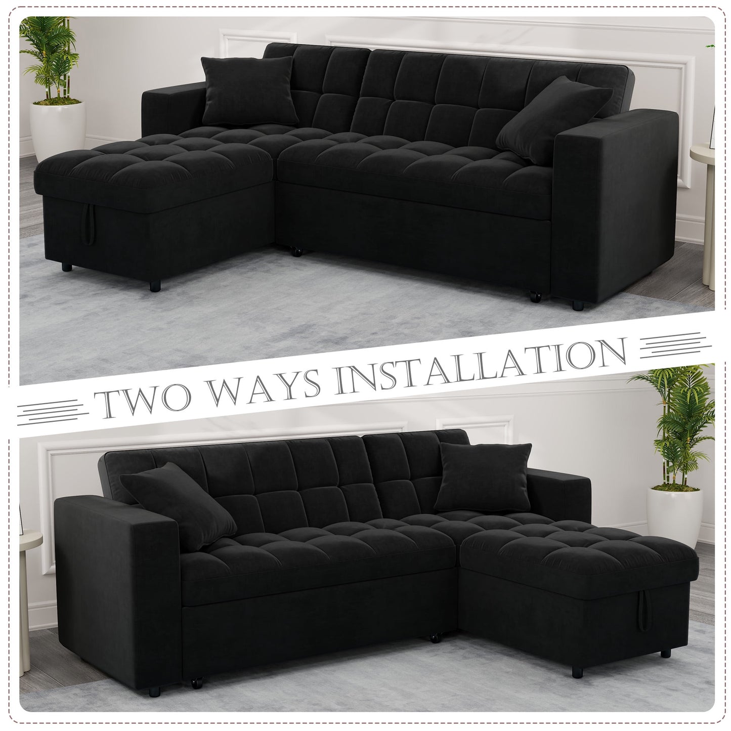 Muumblus 84" Queen Size Convertible Sectional Sleeper Sofa with Storage, Adjustable Backrest, Reversible L-Shaped Pull Out Couch Bed for Living Room, Guest Room