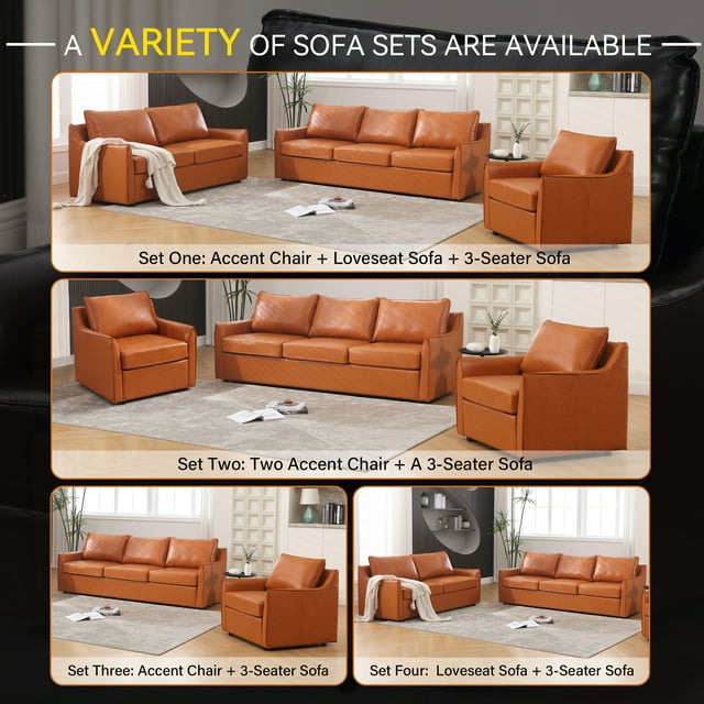 Muumblus 82.7"W Modern Mid-Century Faux Leather 3-Seater Sofa Couch for Living Room, Brown