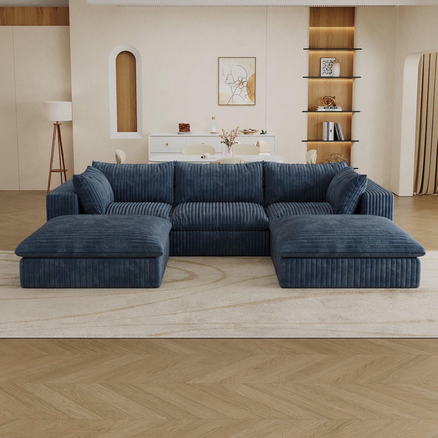 Muumblus Modular Sectional Sofa with Movable Ottoman, L-Shaped Deep Seat Corduroy Cloud Couch, No Assembly Boneless Couches for Living Room, White