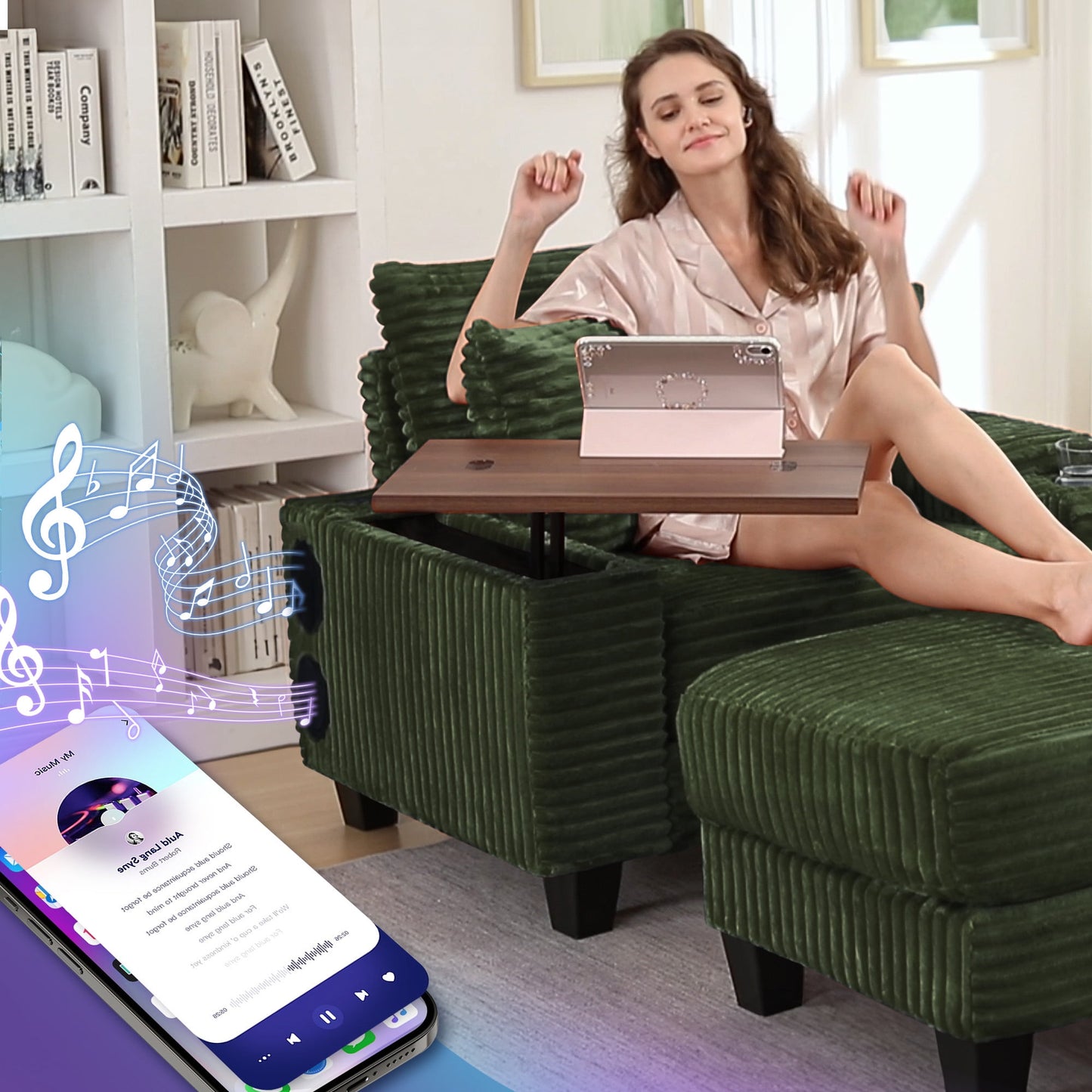 Muumblus Oversized Lounge Accent Chair with Ottoman, Bluetooth Speaker, Versatile Sofa Chairs with Storage Armrest and Rotating Table Board, Modern Cloud Armchair for Living Room