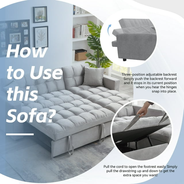 Muumblus 84" Convertible Sleeper Sofa Bed with Storage Chaise, L-Shaped Sectional Sofa, Queen Size Pull Out Sofa Bed in Gray Velvet