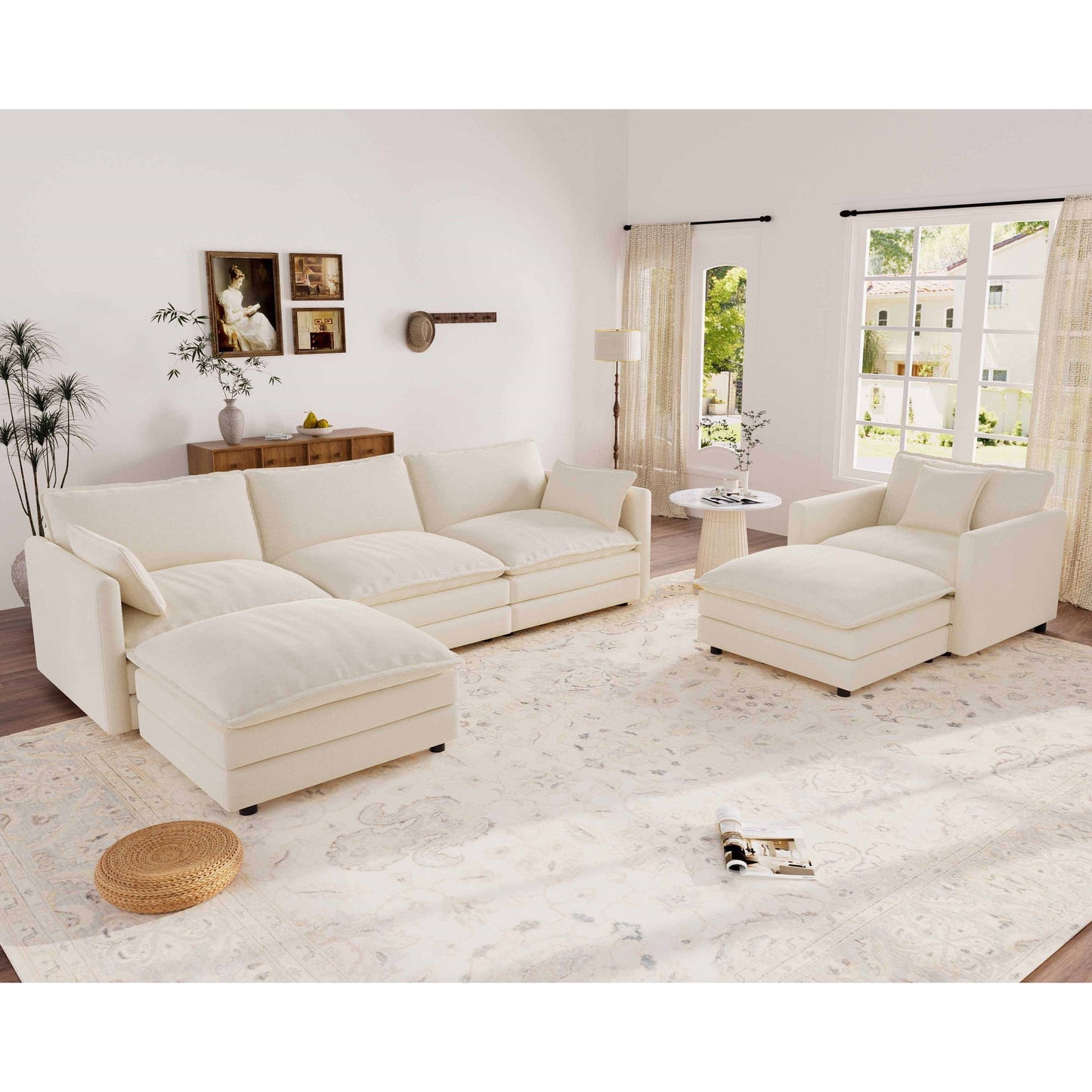 Muumblus 4 Pieces Living Room Furniture Sets, Modular L-Shaped Sofa and Chaise Lounge Chair with 2 Movable Ottoman, Beige Chenille
