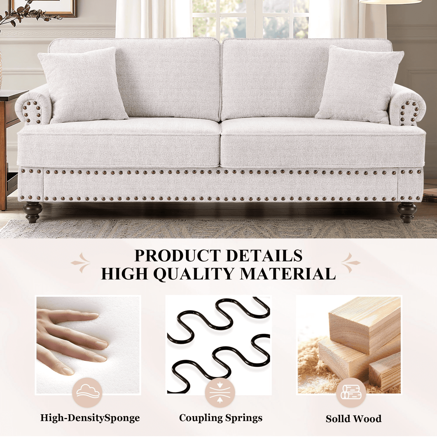 Muumblus 3 Pieces Chenille Living Room Sets, 1 Seater Sofa Chair and 2 Seater Loveseat Sofa and 3 Seater Sofa Couch with Nailhead, White