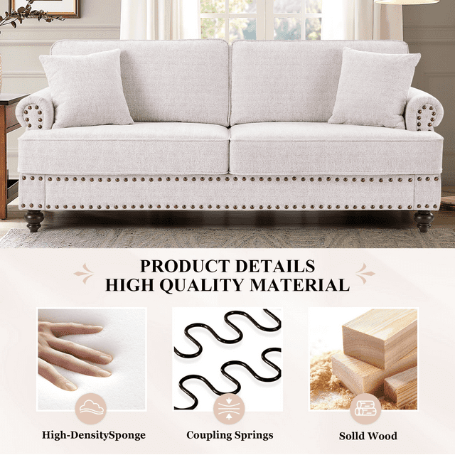 Muumblus 2 Pieces Chenille Living Room Sets, 2 Seater Loveseat Sofa and 3 Seater Sofa Couch, Mid-Century Sofa Sets with Nailhead, White