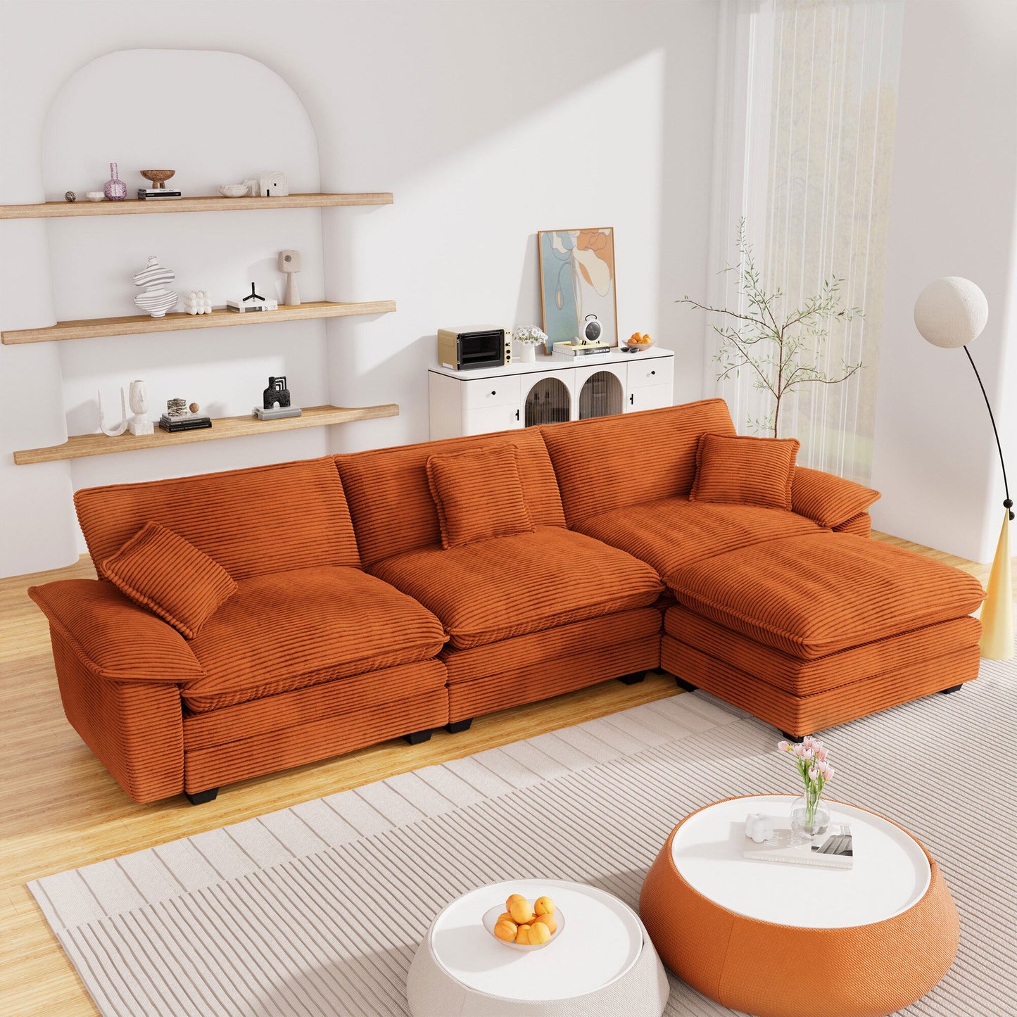 Muumblus Modular Sectional Cloud Couch with Ottoman, Oversized L-Shaped Corduroy Sofa for Living Room