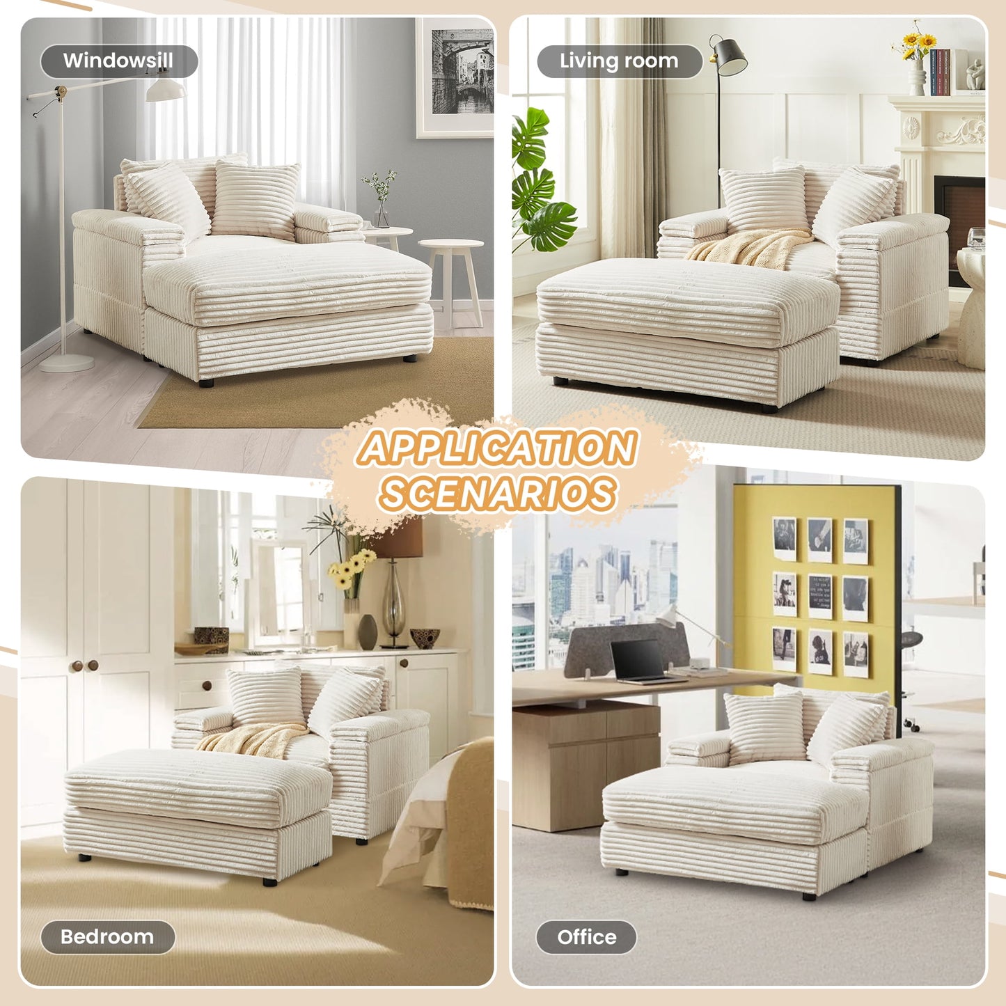 Muumblus Oversized Lounge Chair with Ottoman, Cloud Accent Reading Armchair for Living Room, White Chenille
