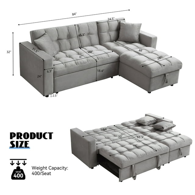 Muumblus 84" Convertible Sleeper Sofa Bed with Storage Chaise, L-Shaped Sectional Sofa, Queen Size Pull Out Sofa Bed in Gray Velvet