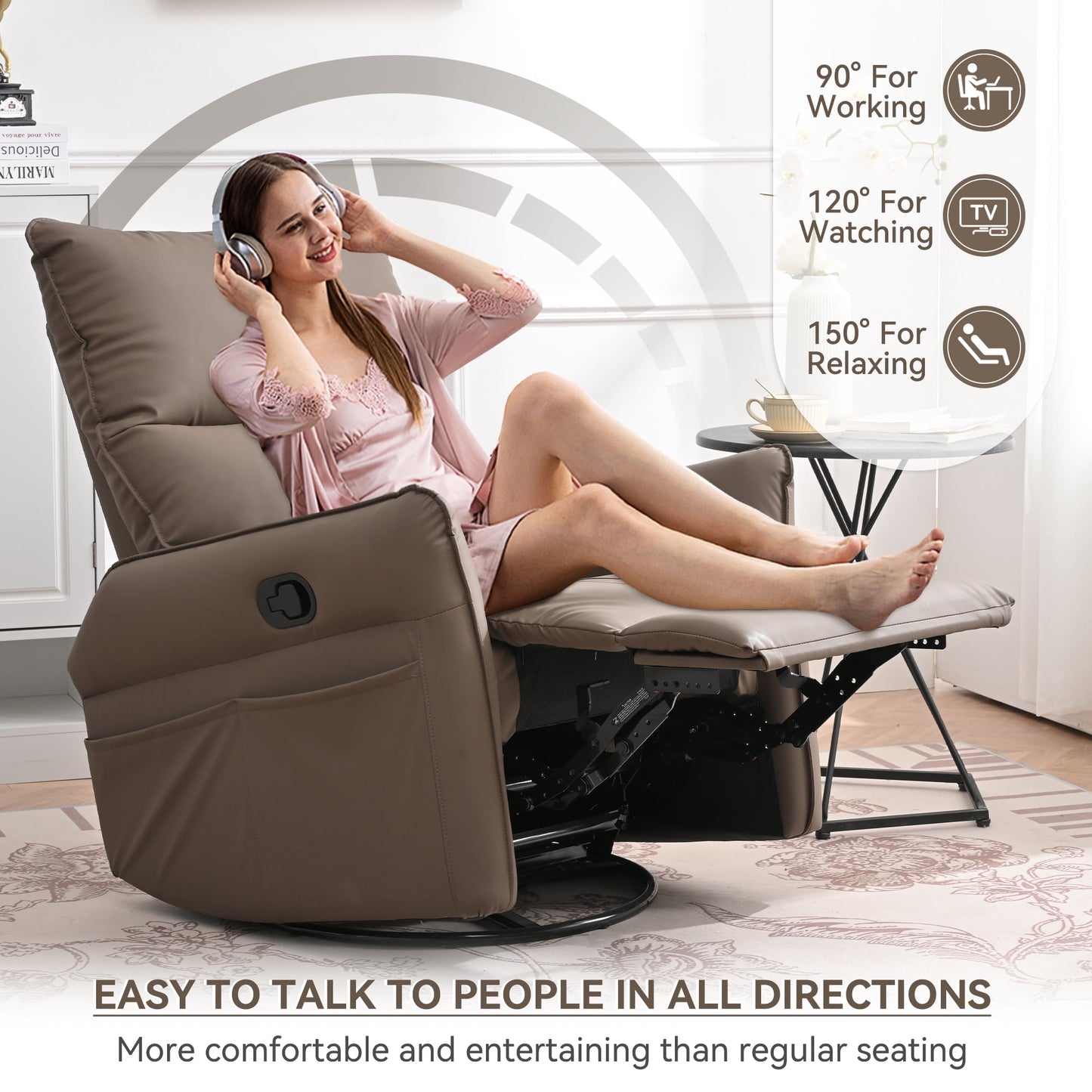 Muumblus Swivel Glider Recliner, Modern Upholstered Glider Rocker with Side Pockets, Tall Back Swivel Rocking Chair, Home Theater Seating for Living Room, Bedroom, Brown Faux Leather