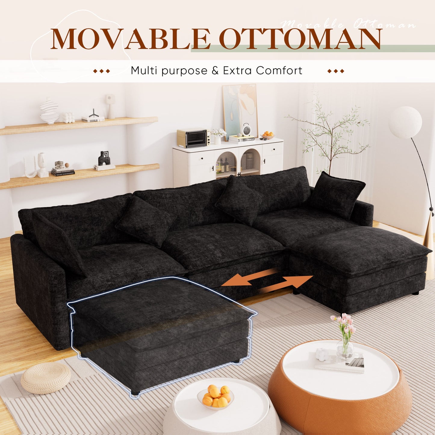 Muumblus Sectional Sofa Cloud Couch with Reversible Ottoman, L-Shaped Chenille Sofa for Living Rooms, Beige