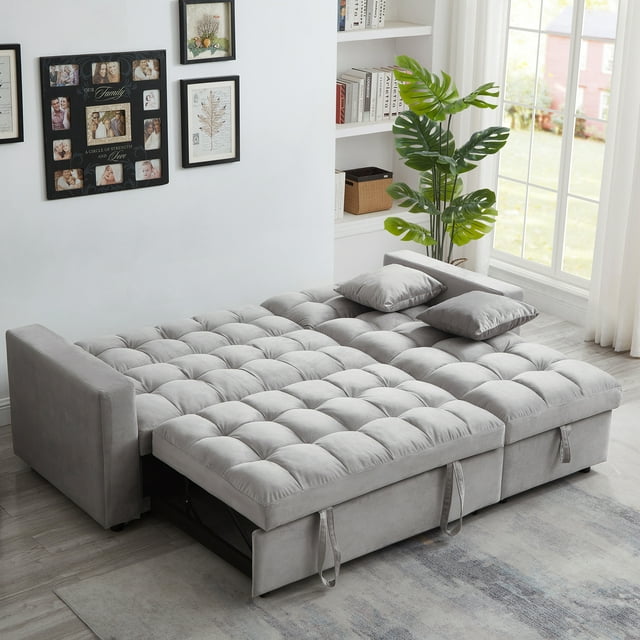 Muumblus 84" Convertible Sleeper Sofa Bed with Storage Chaise, L-Shaped Sectional Sofa, Queen Size Pull Out Sofa Bed in Gray Velvet