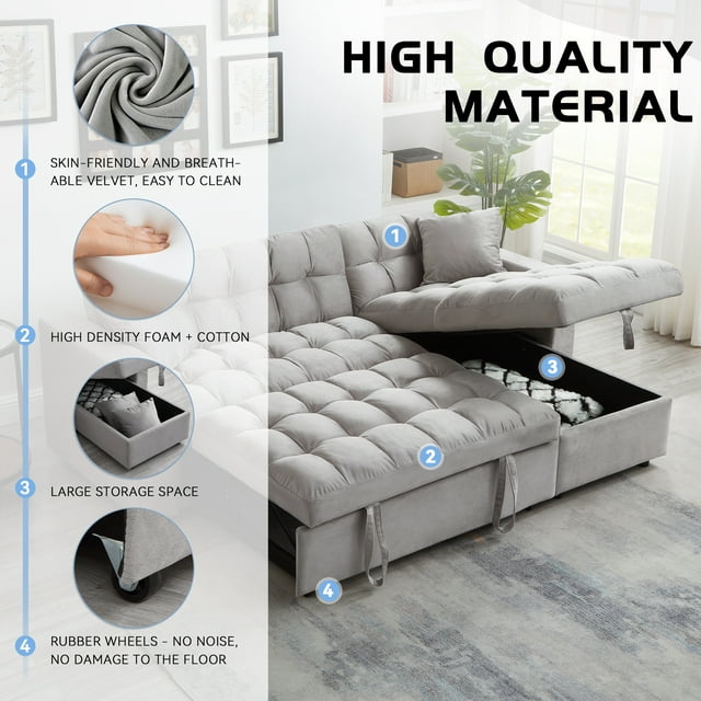 Muumblus 84" Convertible Sleeper Sofa Bed with Storage Chaise, L-Shaped Sectional Sofa, Queen Size Pull Out Sofa Bed in Gray Velvet