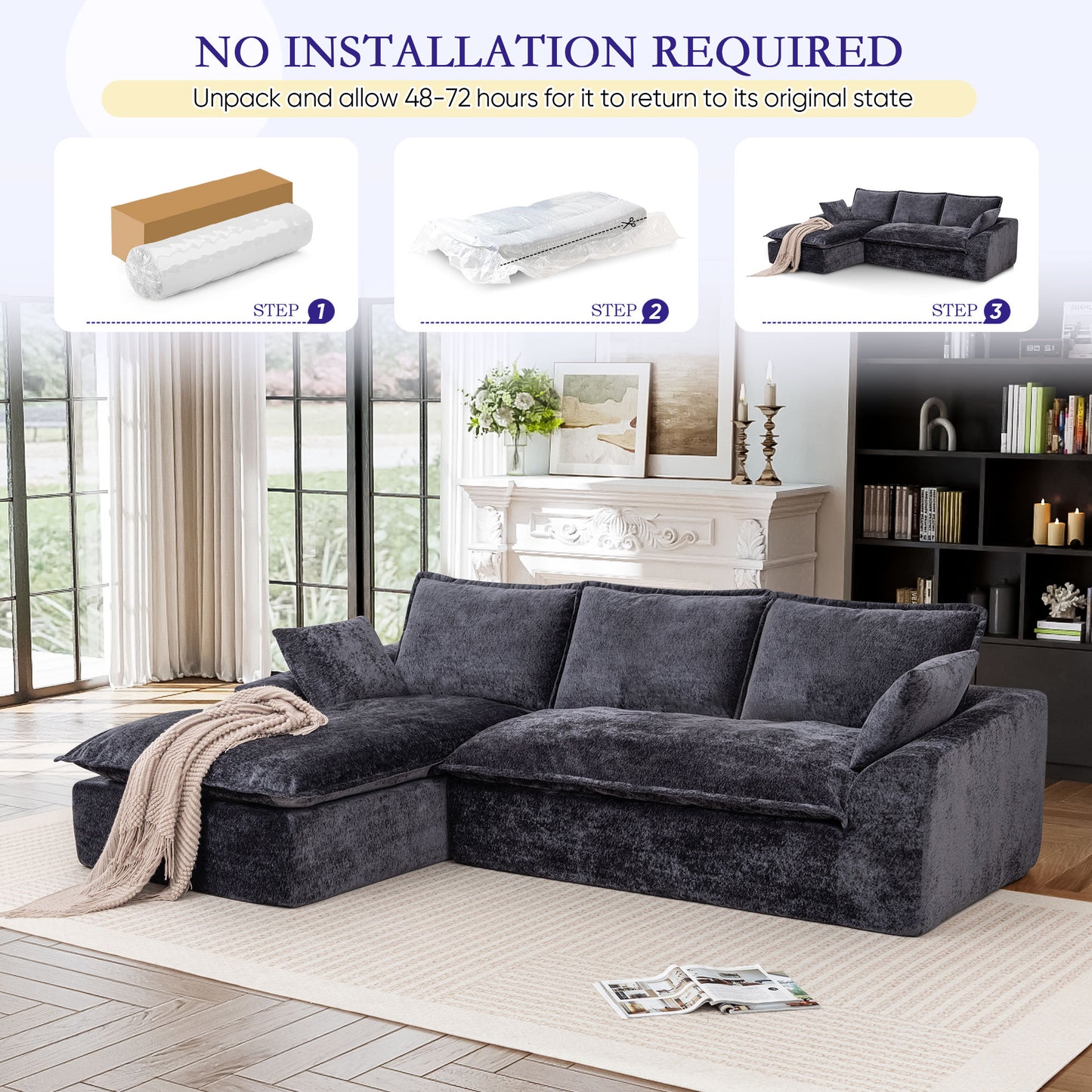 Muumblus 103" Boneless Sectional Sofa with Left Chaise, Comfy L-Shaped Modular Couch for Living Room, No Assembly Required, Black Chenille