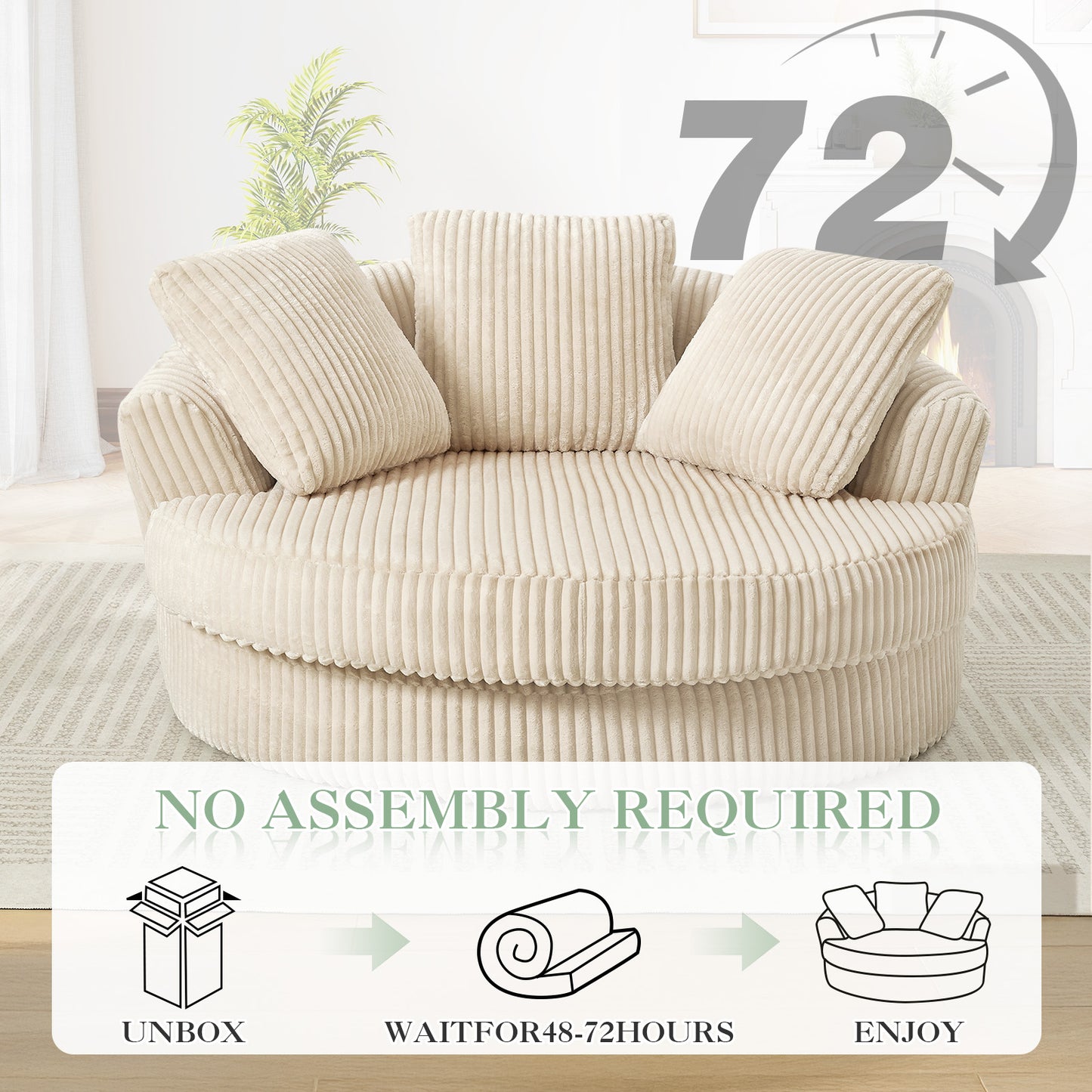 Muumblus 61" Oversized Round Boneless Lounge Chaise Chair Indoor, Corduroy Deep Seat Cloud Couch Sleeper Sofa Bed with 3 Pillows, No Assembly Barrel Chair for Living Room, Beige