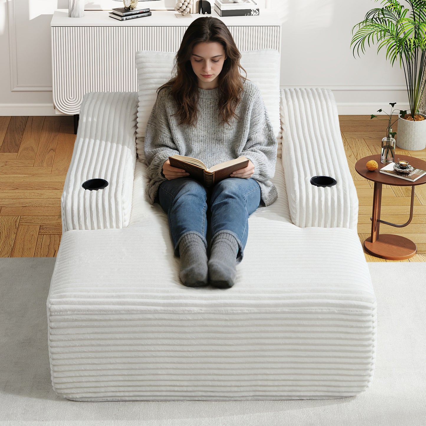 Muumblus Indoor Chaise Lounge Chair with Cup Holders, No Assembly Required, 67"D Oversized Deep Seat Cloud Couch, Corduroy Boneless Sleeper Sofa Bed for Livng Room, White