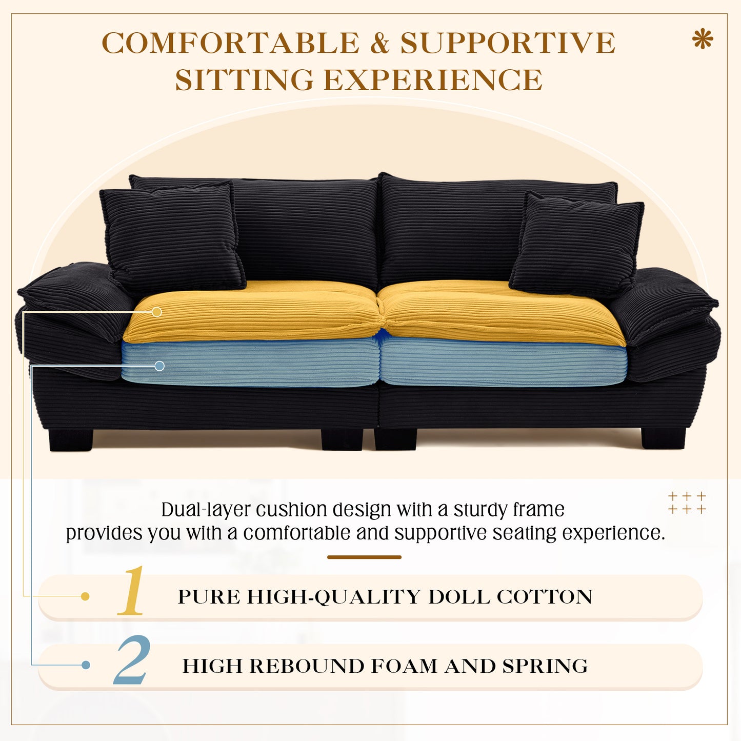 Muumblus 80"L Corduroy Deep Seat Sofa, Upholstered 3-Seater Sleeper Couch for Living Room, Black