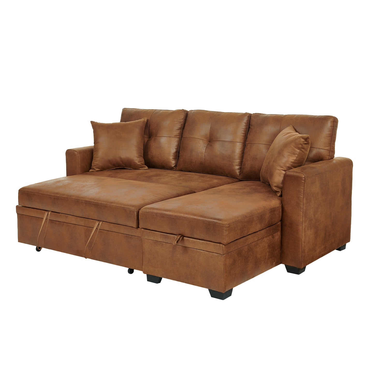 Muumblus Convertible Pull Out Sofa Bed, L-Shaped Sectional Sleeper Couch with Storage Chaise, Vintage Faux Leather Look, Brown Polyester Fabric