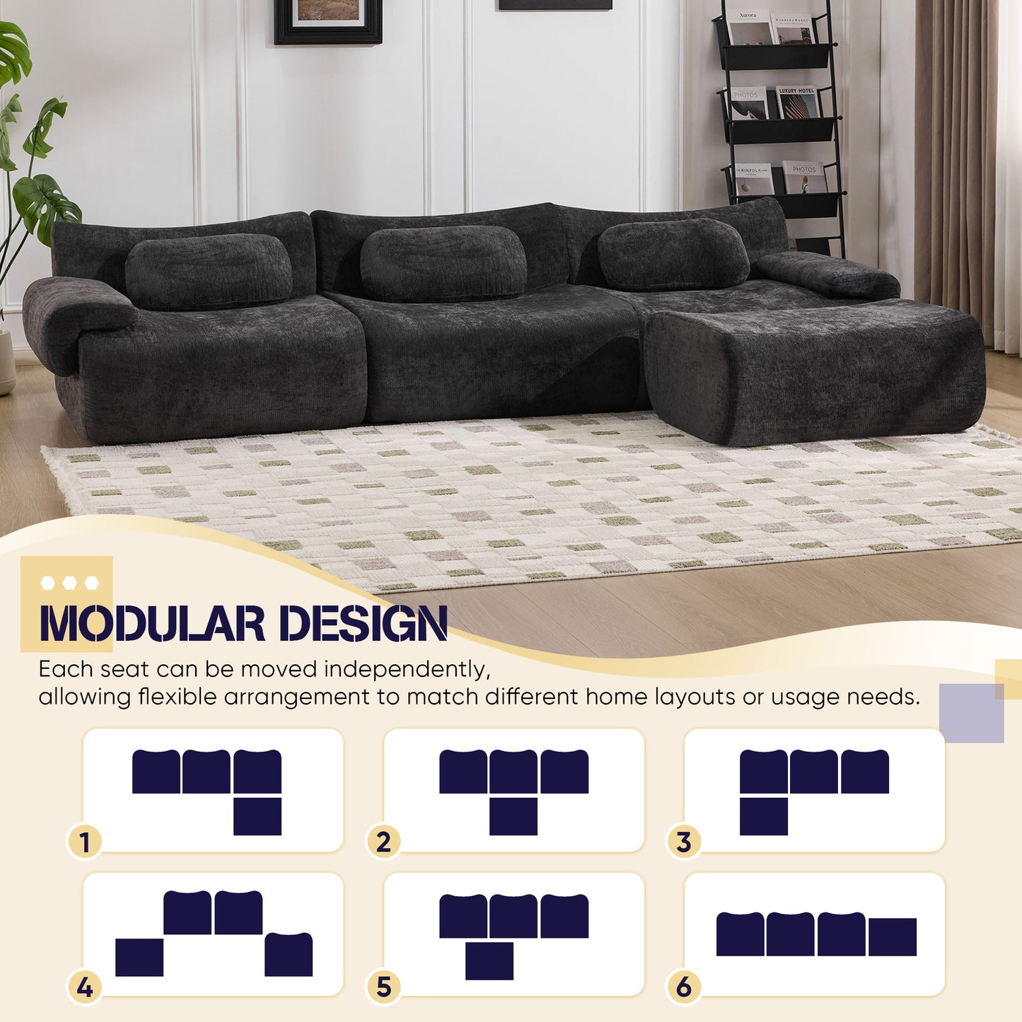 Muumblus Modular Sectional Sofa with Movable Ottoman, Oversized L-Shaped Cloud Sofa with Chaise, Boneless Deep Seat Living Room Couch, Black Chenille