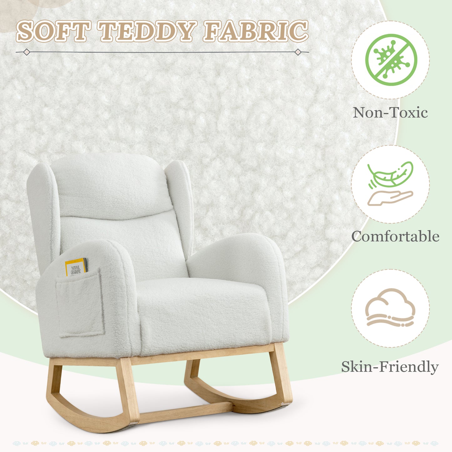 Muumblus Nursery Rocking Chair, Wingback Glider Rocker, Indoor Uphlostered Rocking Chair, Ivory Teddy