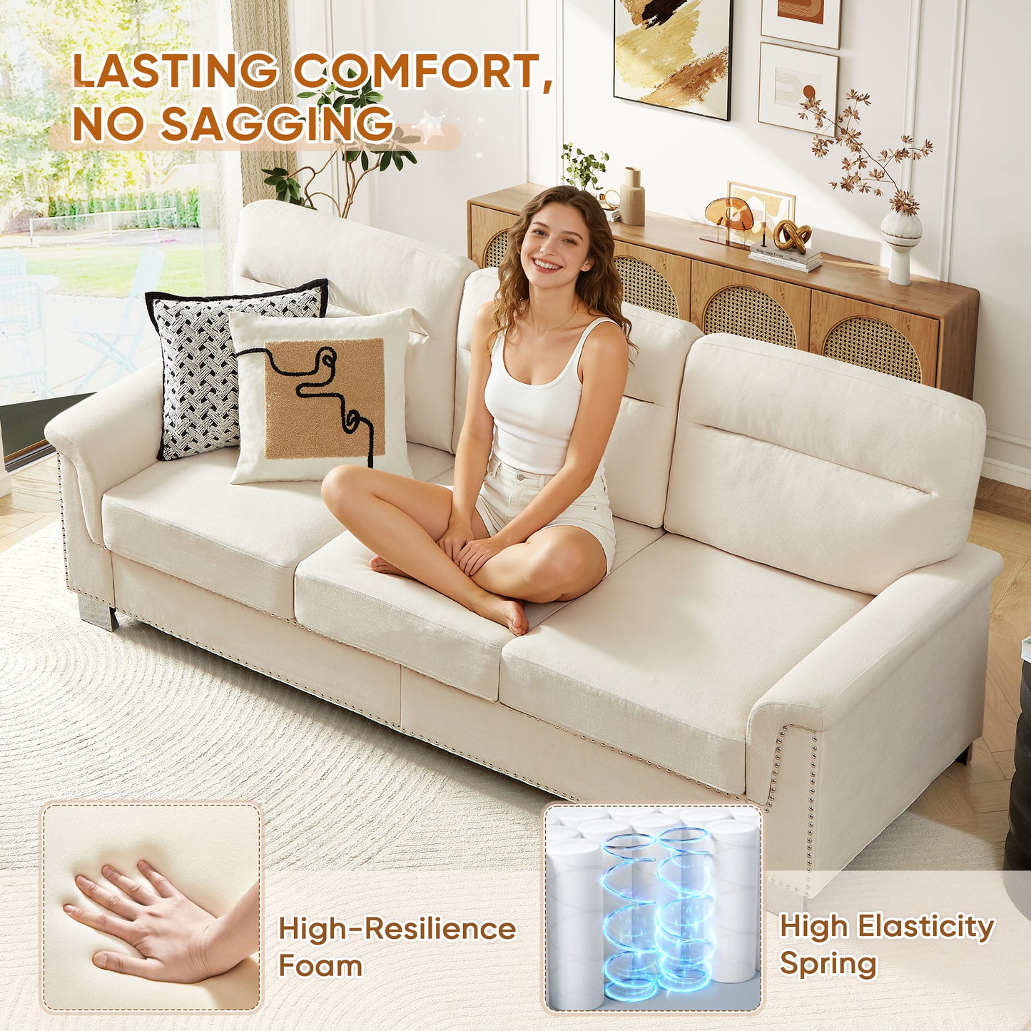 Muumblus 84" 3-Seater Sofa, Modern Deep Seat Nailhead Trim Couch with Curved Arms and Metal Legs for Living Room, Beige
