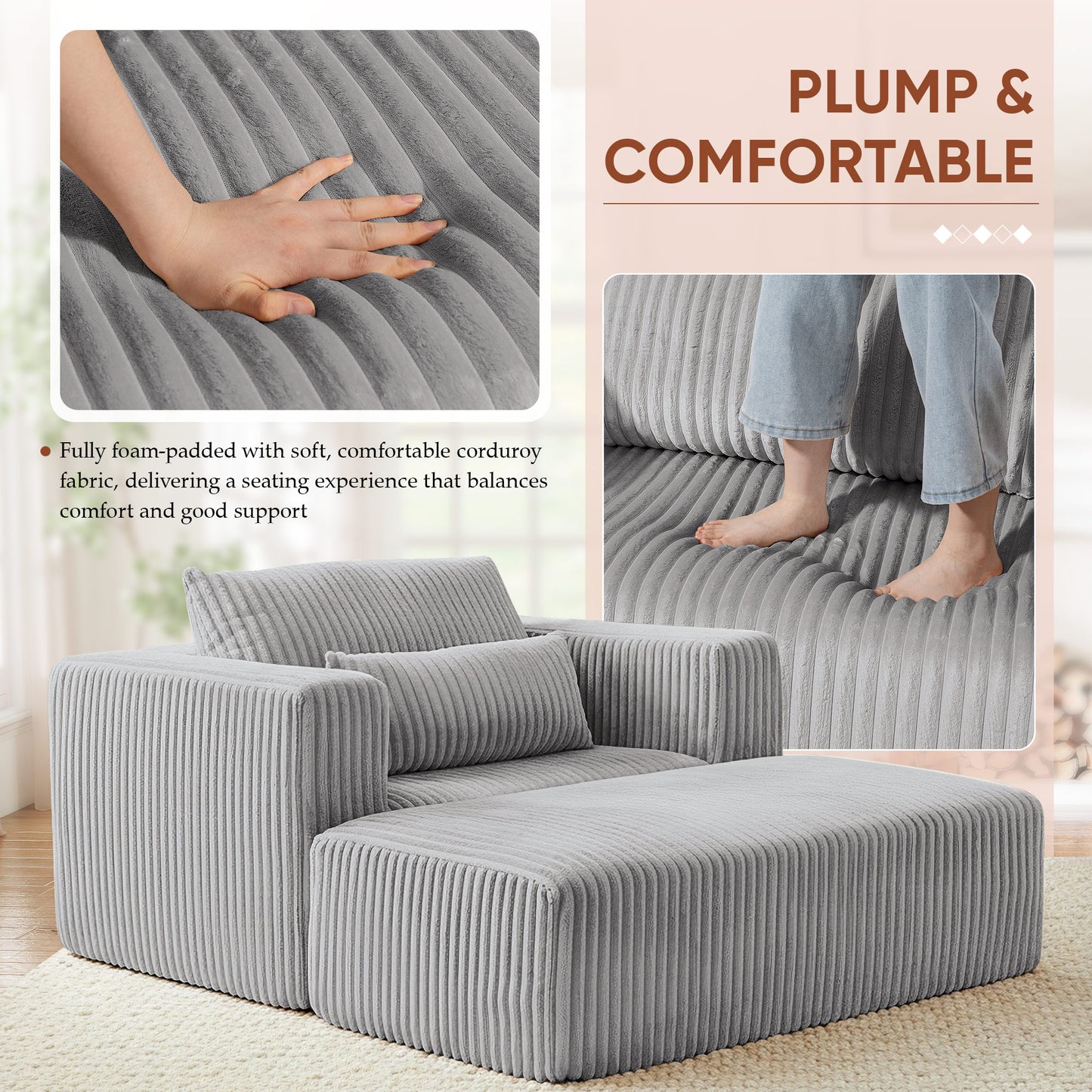 Muumblus Accent Chair with Movable Ottoman, Oversized Indoor Chaise Lounge Chair, No Assembly, Boneless Corduroy Cloud Sofa for Living Room, Gray