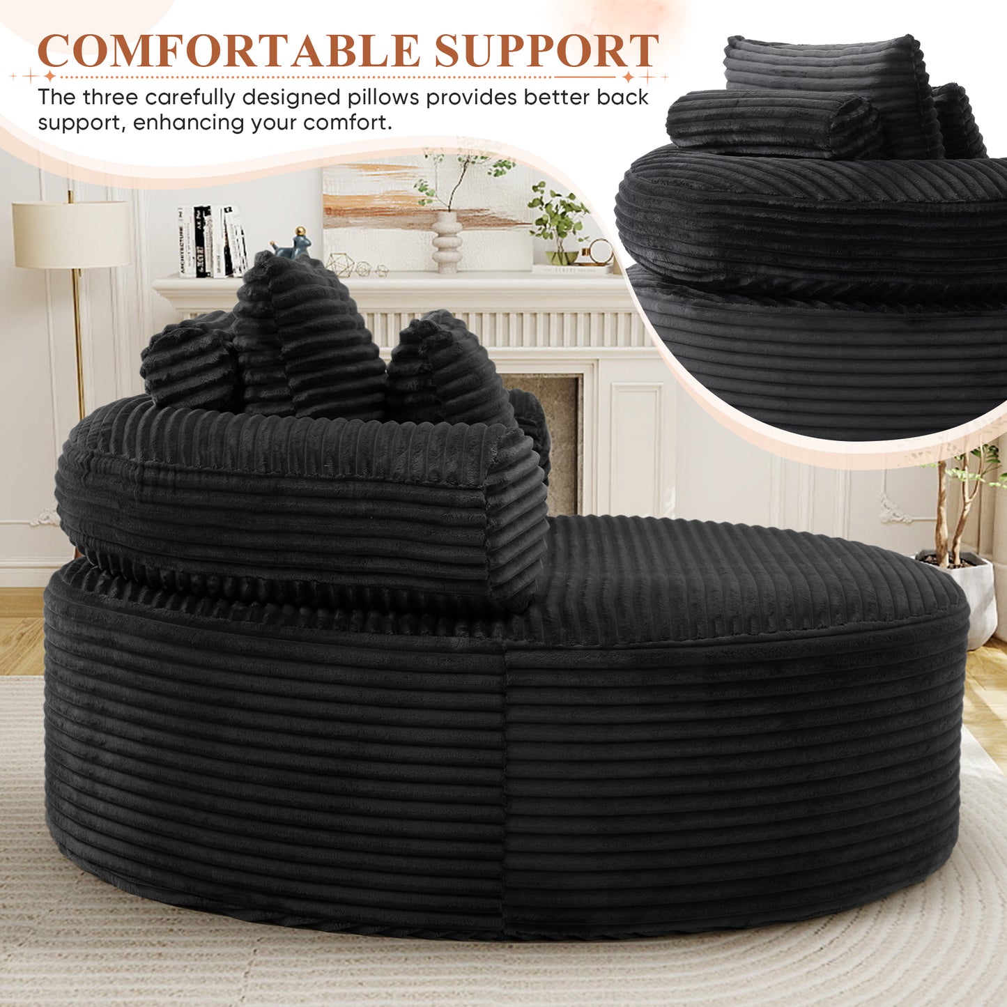 Muumblus 55" Indoor Round Lounge Chair, Oversized Boneless Accent Barrel Chair, Black Corduroy