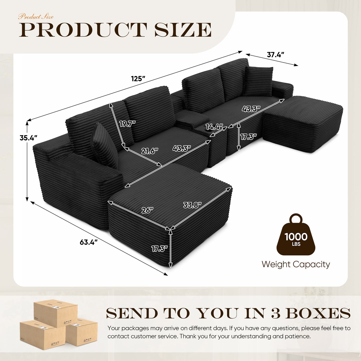 Muumblus 125" Cloud Sectional Sofa with Storage Console, U-Shaped Modular Couch with 2 Ottomans, USB, Cup Holders, Oversized Corduroy Living Room Sofa, Black