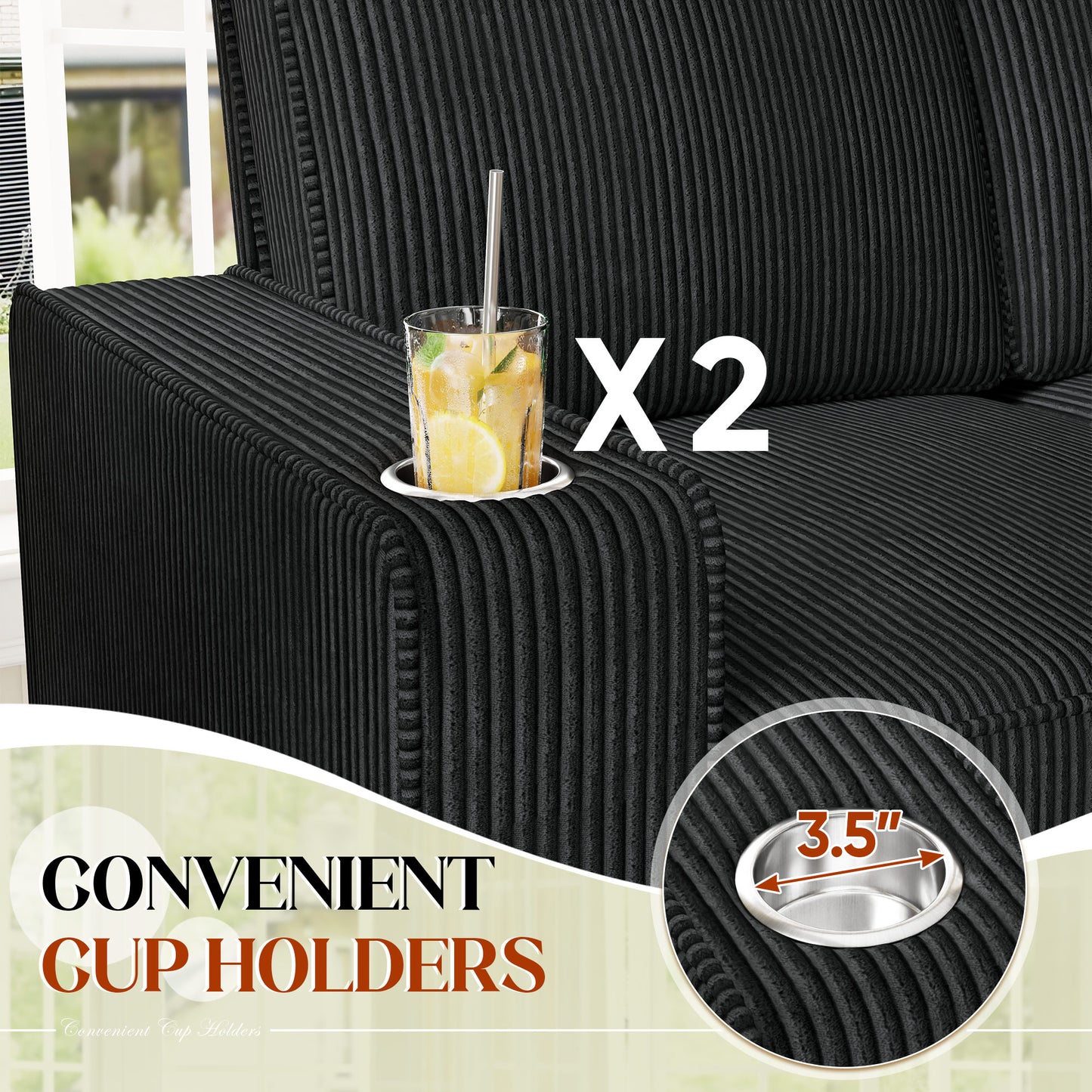 Muumblus 83.5" Living Room Sofa with Cup Holders, Cozy Plush Upholstered Couch, Corduroy Sofa 3-Seater, Black