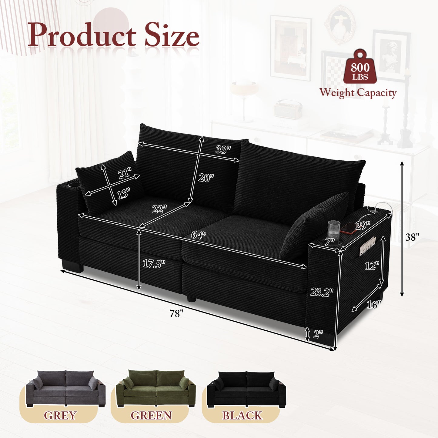 Muumblus 78"L Corduroy Sofa with USB & Cup Holders & Pockets, Deep Seat Living Room Upholstered Sofa, Black