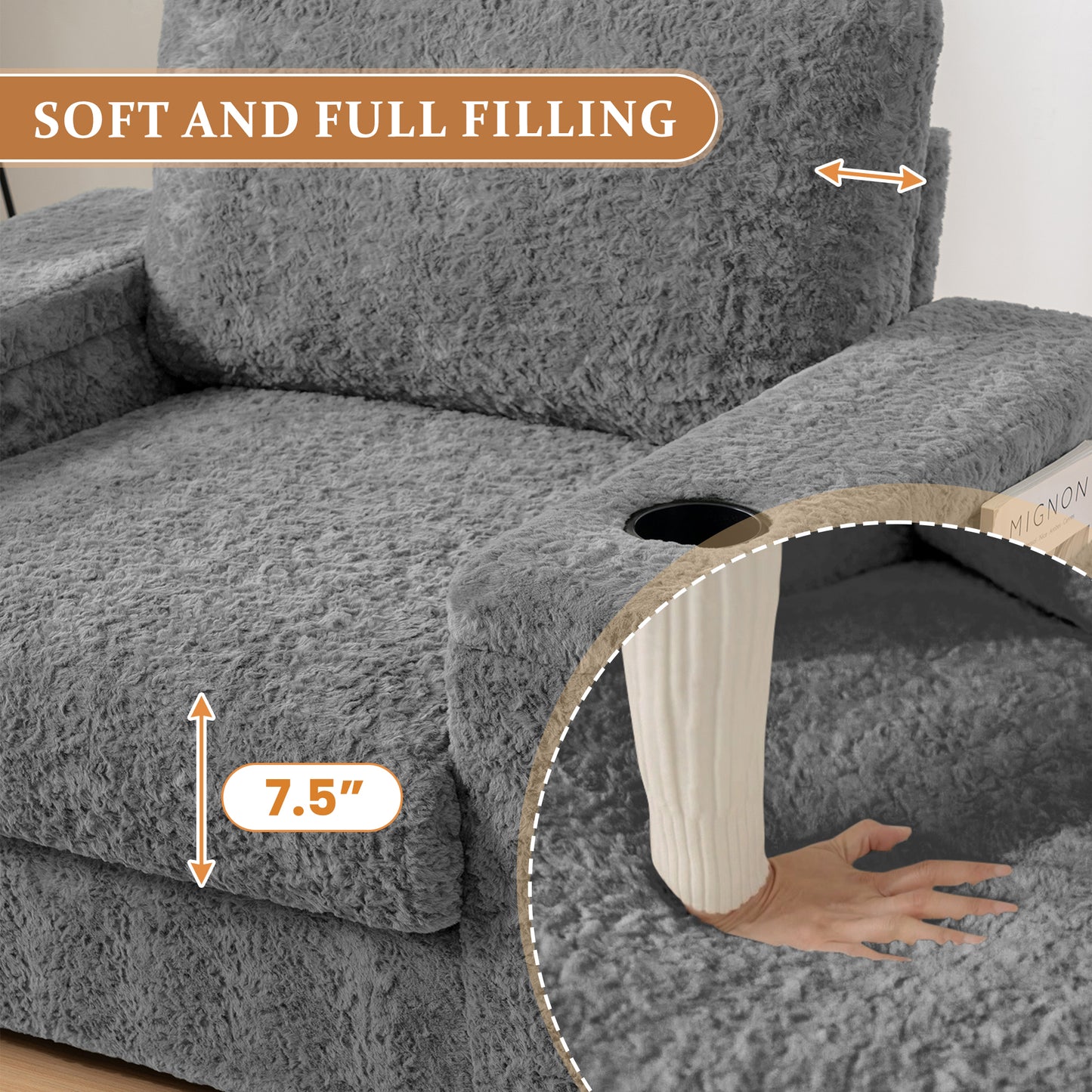 Muumblus 42" Chaise Lounge Indoor, Accent Armchair with Storage Ottoman & Armrests, Oversized Lounge Chair Sleeper Chair for Living Room, Gray Faux Rabbit Fur