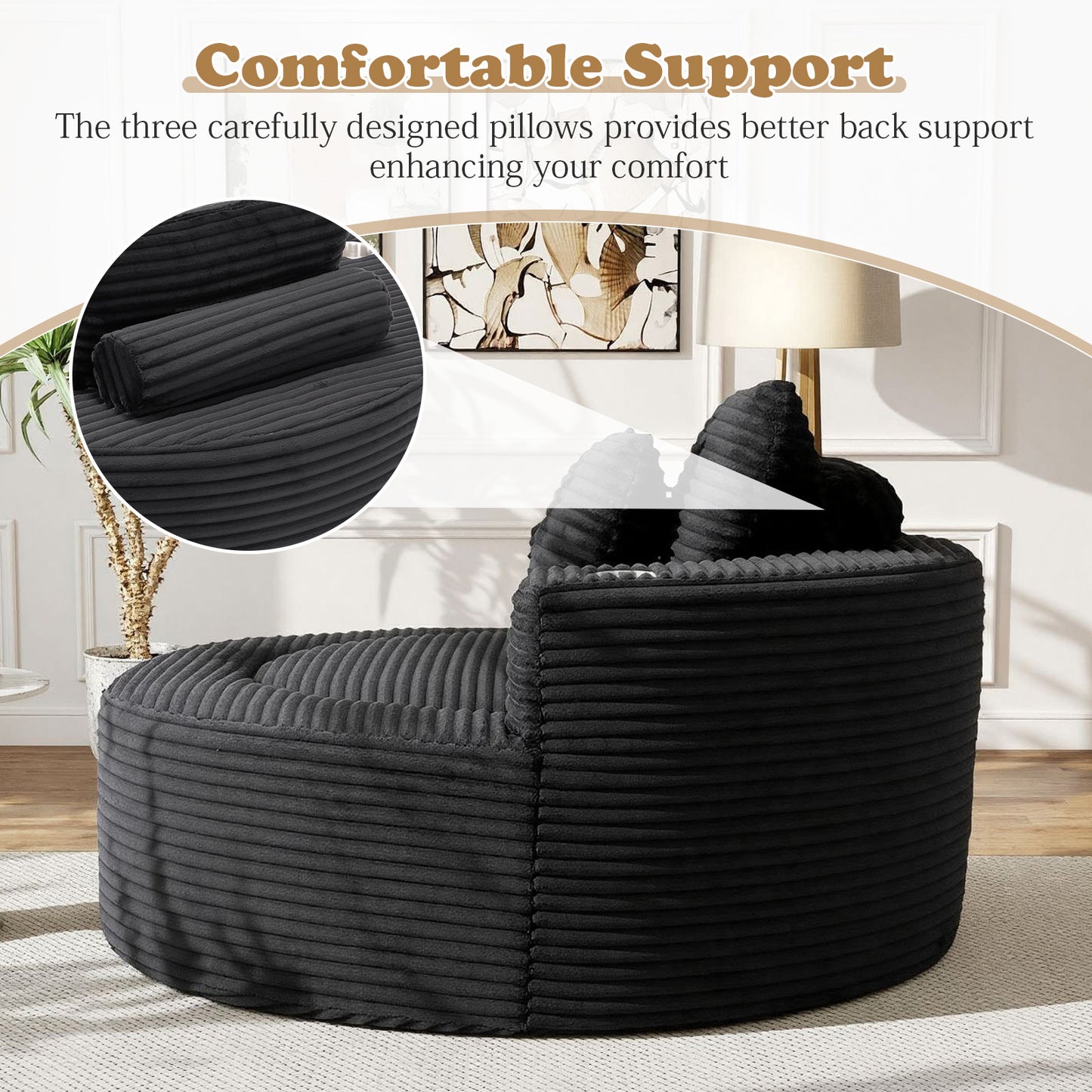Muumblus 55" Indoor Round Chaise Lounge with Cup Holders, Oversized Boneless Accent Barrel Chair, Black Corduroy