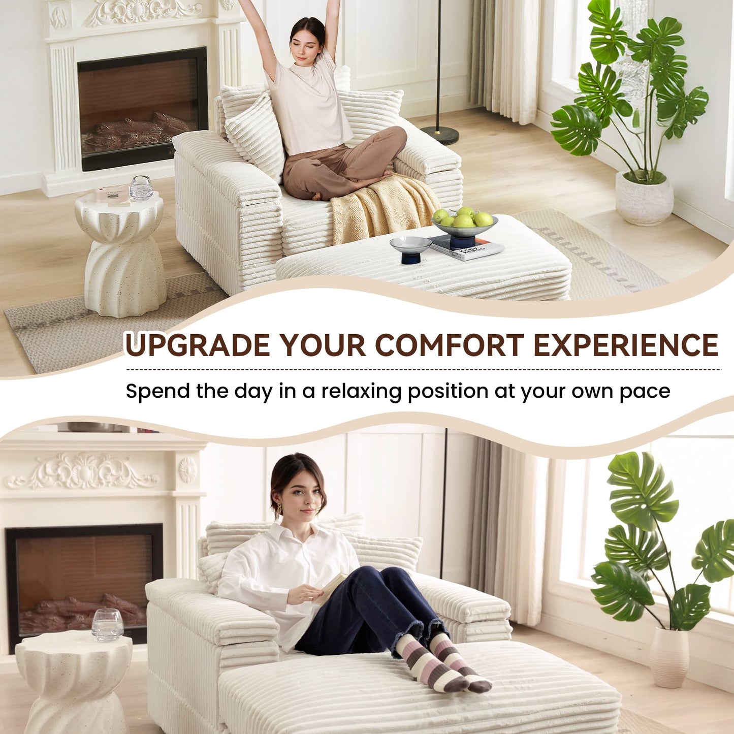 Muumblus Oversized Lounge Chair with Ottoman, Cloud Accent Reading Armchair for Living Room, White Chenille