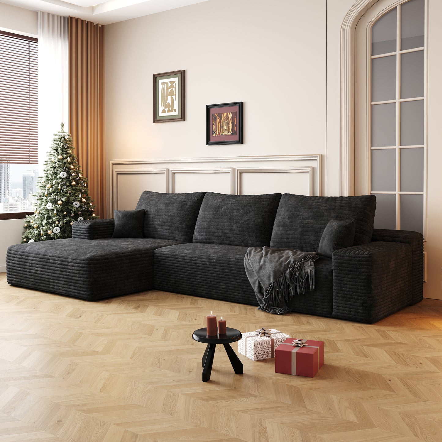 Muumblus 107" Cloud Sectional Sofa with Left Chaise, Cozy L-Shaped Modular Sofa, Plush Corduroy Sleeper Bed Couch, No Assembly Required, Black