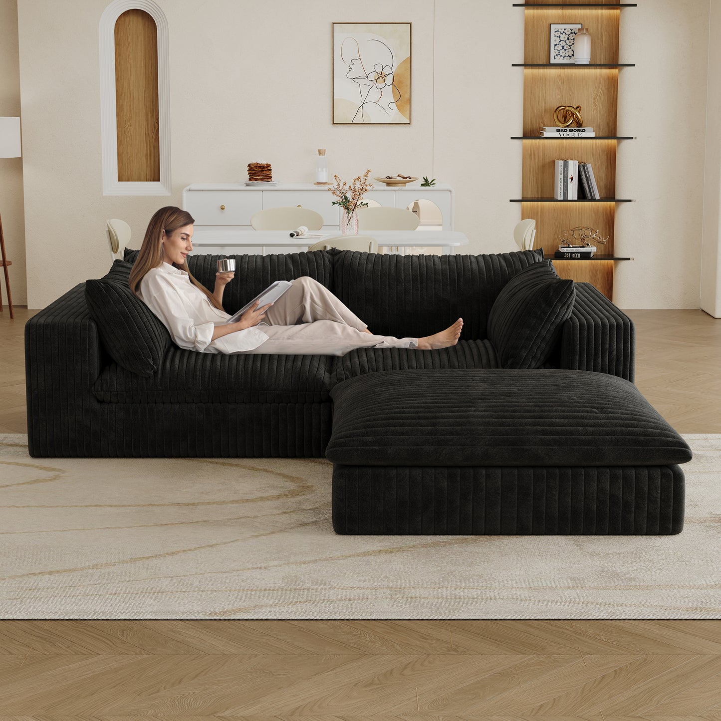 Muumblus Modular Sectional Sofa with Movable Ottoman, L-Shaped Deep Seat Corduroy Cloud Couch, No Assembly Boneless Couches for Living Room, White