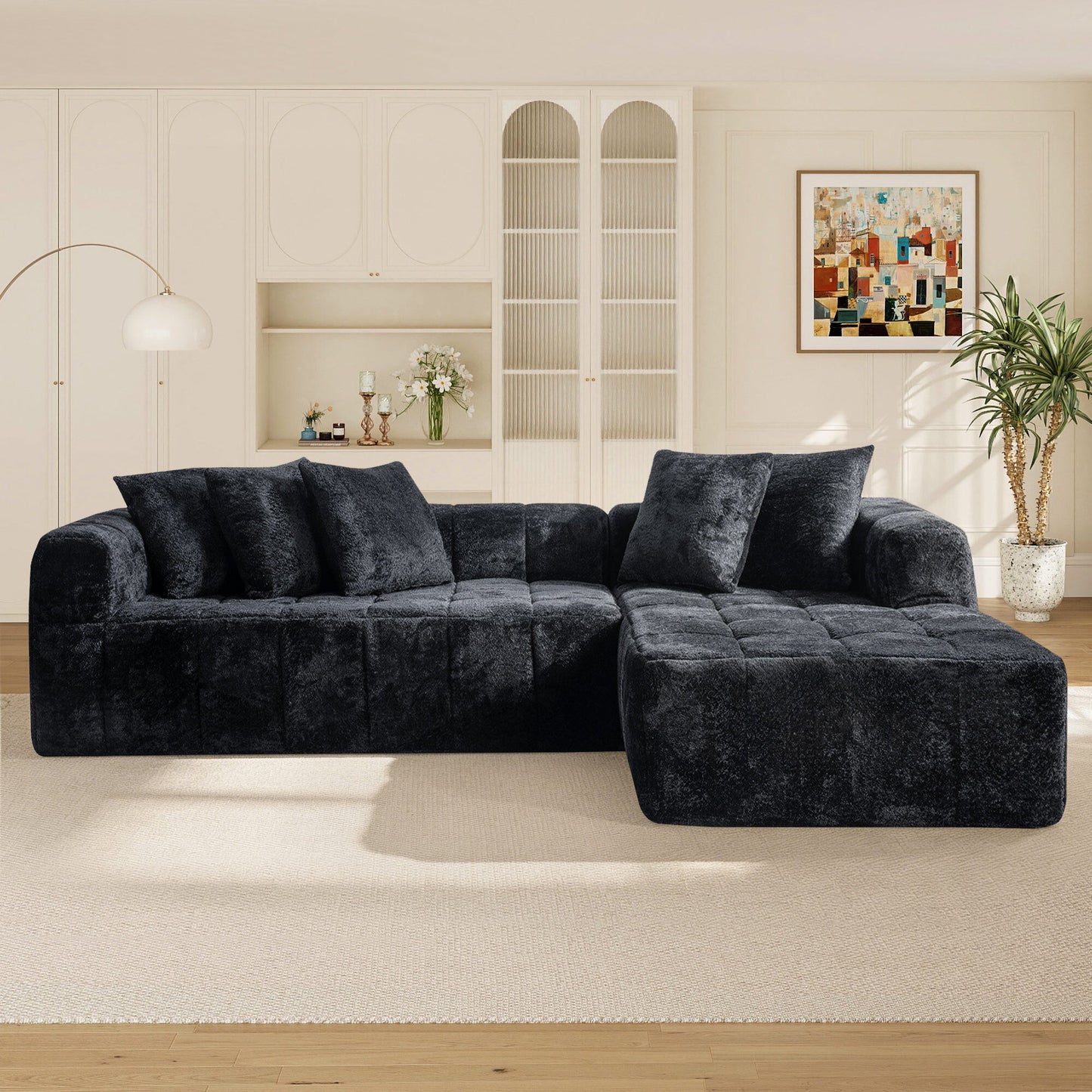 No Assembly Required, Muumblus 108" Oversized Modular Sectional Sofa, L-Shaped Boneless Cloud Couch, Modern Chenille Living Room Floor Sofa, Black (Right Facing Chaise)