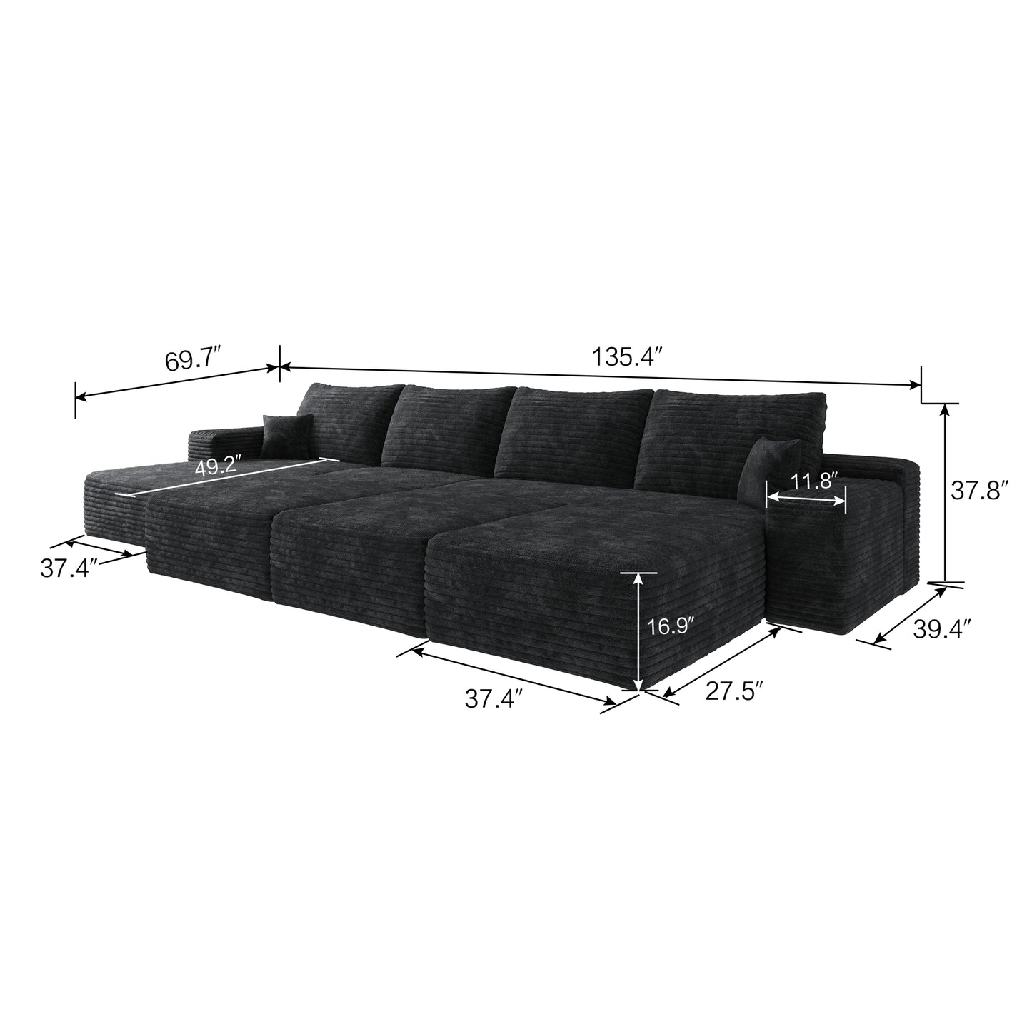 Muumblus 135" Cloud Sectional Sofa with Left Chaise, Oversized Cozy Modular Sofa with 3 Ottomans, Plush Corduroy Sleeper Bed Couch, No Assembly Required, Black