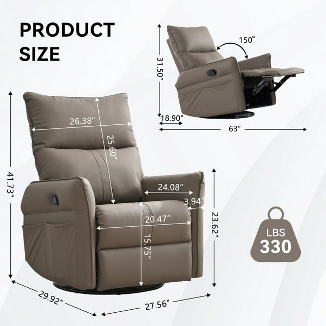 Muumblus Swivel Glider Recliner, Modern Upholstered Glider Rocker with Side Pockets, Tall Back Swivel Rocking Chair, Home Theater Seating for Living Room, Bedroom, Brown Faux Leather