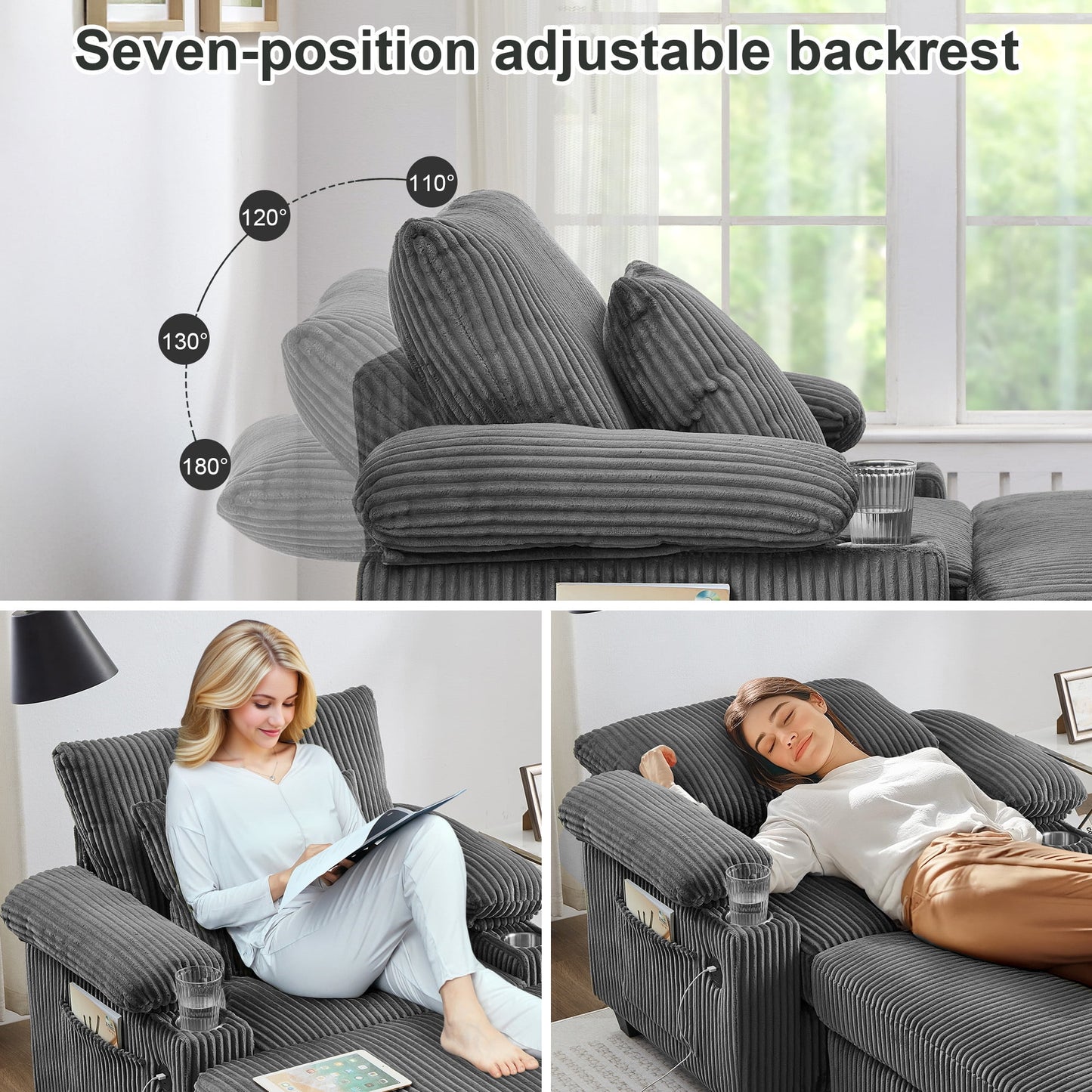 Muumblus Living Room Chair with Ottoman, 7-Speed Adjustable Backrest, USB & Storage Arms, Cozy Indoor Corduroy Lounge Armchair