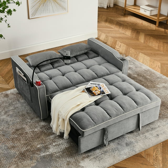 Muumblus Pull Out Sofa Bed with Swivel Phone Stand, USB Port, 3-in-1 Convertible Futon Sofa Bed, Loveseat Sleeper for Living Room/Apratment, Gray Velvet